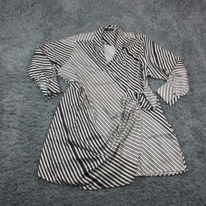 Mango Dress Womens 2XL Black White Striped Wrap Shirt Dress Long Sleeve NWT
